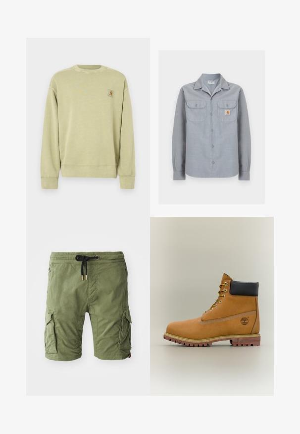 Lysegrøn sweatshirt med klassisk rund halsudskæring, ribstrikkede manchetter og en lille rektangulær logopatch på venstre bryst. Blødt, tekstureret stof.; Lysegrå langærmet skjorte med knapper og to brystlommer, hvoraf den ene har en lille Carhartt-logo patch på højre side.; Olivenfarvede bomulds cargo shorts med sidelommer, elastisk talje med snøre og guldhardware samt en blød, tekstureret overflade.; Brun læderankelstøvle med sort krave, gule snørebånd og tanfarvet sål. Har logo og hvide syninger som detalje. Robust ydersål med greb.