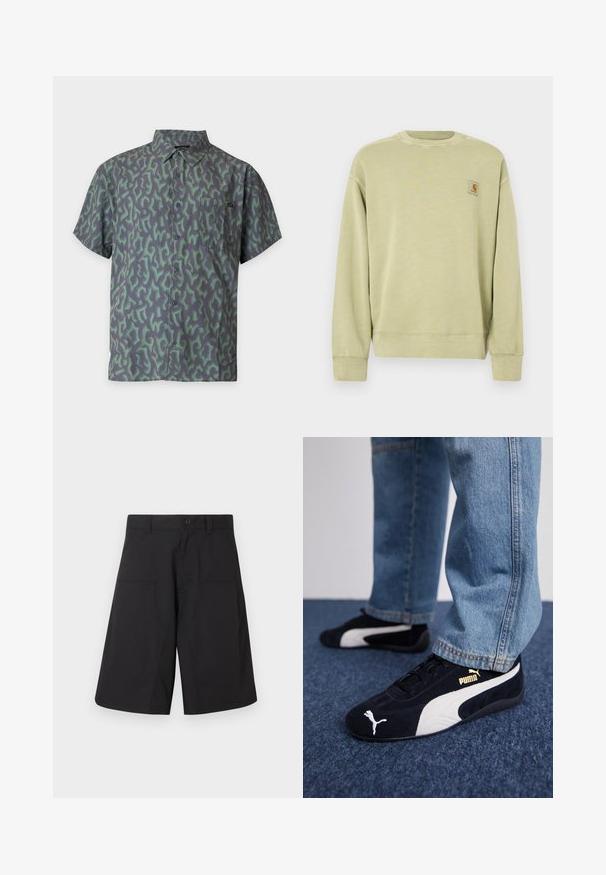 Sweatshirt vert clair avec un col rond classique, des poignets côtelés et un petit patch logo rectangulaire sur le côté gauche de la poitrine. Tissu doux et texturé.; Chemise à manches courtes boutonnée avec un motif camouflage abstrait vert et gris foncé et une poche poitrine.; Shorts cargo noirs en tissu léger, dotés d'une fermeture à bouton et de deux poches avant, avec un design épuré à coupe droite.; Baskets en daim noir avec accents blancs, arborant un logo doré. Portées avec un jean en denim bleu clair et posées sur une surface bleue texturée.