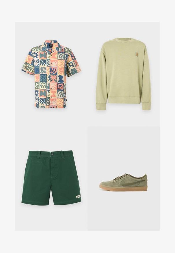 Sweatshirt vert clair avec un col rond classique, des poignets côtelés et un petit patch logo rectangulaire sur le côté gauche de la poitrine. Tissu doux et texturé.; Chemise à manches courtes avec boutons, motifs abstraits multicolores de feuilles et de soleil disposés en quadrillage sur un tissu clair.; Shorts longs jusqu'au genou de couleur vert foncé avec passants pour ceinture, fermeture à bouton et à glissière, poches latérales, et un petit patch logo sur l'ourlet.; Baskets en suède vert avec une semelle en caoutchouc gomme, bout rond et design à lacets. Présente le logo distinctif de Nike en vert foncé.