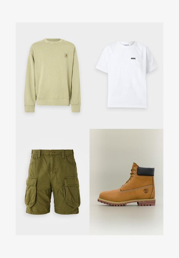 Sudadera verde claro con cuello redondo clásico, puños acanalados y un pequeño parche de logo rectangular en el pecho izquierdo. Tejido suave y texturizado.; Camiseta blanca de manga corta con cuello redondo y pequeño bolsillo en el pecho con un parche negro del logo de Columbia.; Pantalones cortos cargo color verde oliva, confeccionados en una mezcla de algodón. Cuentan con dos grandes bolsillos laterales y un cierre de botón con trabillas para cinturón. Textura suave.; Bota de tobillo de cuero marrón con cuello negro, cordones amarillos y suela beige. Presenta un logotipo y detalles de costura blanca. Suela exterior con tracción robusta.