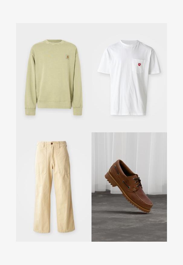 Hellgrüner Pullover mit klassischem Rundhalsausschnitt, gerippten Bündchen und einem kleinen rechteckigen Logo-Patch auf der linken Brust. Weicher, strukturierter Stoff.; Weißes Baumwoll-T-Shirt mit rundem Halsausschnitt und kurzen Ärmeln. Verfügt über ein kleines rotes Herzlogo auf der linken Brusttasche.; Beige Weitbein-Hosen aus Baumwolle. Sie haben eine hohe Taille, zwei vordere Taschen mit flachem Design und einen einzelnen Knopfverschluss.; Brauner Leder-Bootsschuh mit schwarzen Schnürsenkeln, beigen Nähten und einer robusten Sohle, schwebt über einem grauen Betonboden.