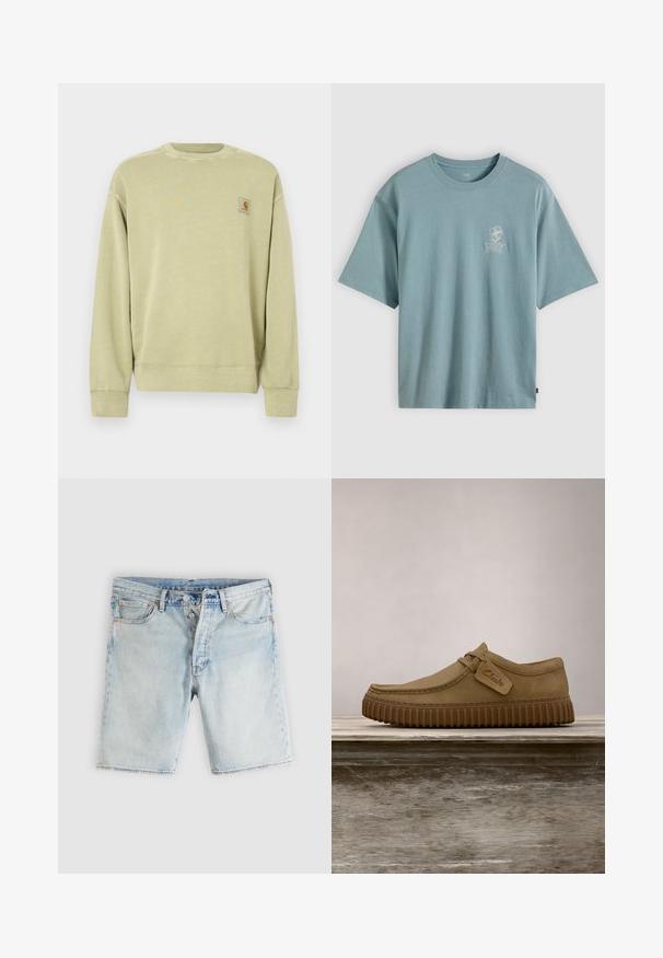 Lysegrøn sweatshirt med klassisk rund halsudskæring, ribstrikkede manchetter og en lille rektangulær logopatch på venstre bryst. Blødt, tekstureret stof.; Lyseblå bomuld T-shirt med rund halsudskæring og korte ærmer. Har et lille hvidt blomsterdesign på venstre bryst.; Lyseblå denimshorts med knaplukning, bæltestropper og forlommer på en ensartet lys grå baggrund.; Lysebrune ruskindsko med rund tå, syet detaljer og en ribbet brun gummisål. Har et sidemærke med "Clarks" logo.