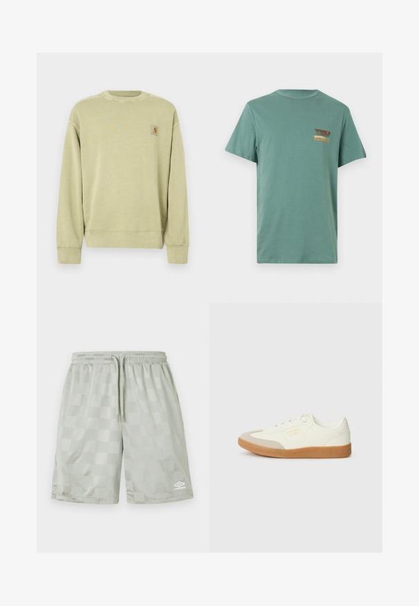Hellgrüner Pullover mit klassischem Rundhalsausschnitt, gerippten Bündchen und einem kleinen rechteckigen Logo-Patch auf der linken Brust. Weicher, strukturierter Stoff.; Grünes T-Shirt mit kurzen Ärmeln und Rundhalsausschnitt, mit kleinem Surfbrett- und Sonnenuntergangs-Motiv oberhalb eines gelben "Billabong"-Schriftzugs auf der linken Brust.; Umbro FOOTBALL SHORT - Jogginghose - harbor mist; Sneaker aus weißem Leder mit einer beigen Zehenkappe und leichter brauner Gummisohle. Verfügt über flache weiße Schnürsenkel und geprägtes Branding an der Seite.