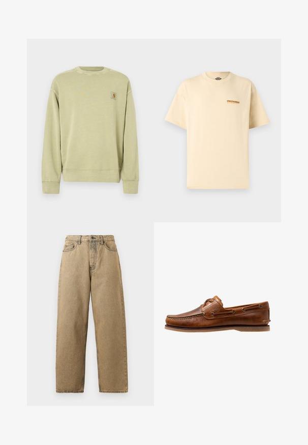 Hellgrüner Pullover mit klassischem Rundhalsausschnitt, gerippten Bündchen und einem kleinen rechteckigen Logo-Patch auf der linken Brust. Weicher, strukturierter Stoff.; Beige Dickies T-Shirt mit kurzen Ärmeln, kleinem orange-schwarzem Logo auf der linken Brust, Rundhalsausschnitt, schlichtes Design.; Beige Denim-Jeans mit geradem Bein, ausgestattet mit einem Reißverschluss, Gürtelschlaufen und kontrastierenden Nähten. Keine auffälligen Muster oder Hardware-Details.; Braune Lederbootsschuhe mit gesteppten Akzenten, metallischen Ösen, einer erhöhten Naht an der Zehe und einer flachen Gummisohle.