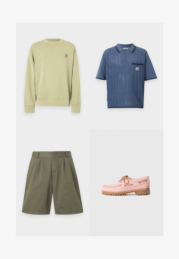 Lysegrøn sweatshirt med klassisk rund halsudskæring, ribstrikkede manchetter og en lille rektangulær logopatch på venstre bryst. Blødt, tekstureret stof.; Blå strikket poloshirt med lodrette perforerede striber, tre-knaps lukning, brystlomme med Carhartt-logo og sort kant på krave og ærmer.; Knee-lange shorts i olivengrønt bomuld med frontplisser, bæltestropper, sidelommer, knap- og lynlåslukning.; Lyserød læder bådsko med brune snørebånd, metaløjer og en kraftig brun gummisul, vist i profil på en hvid baggrund.