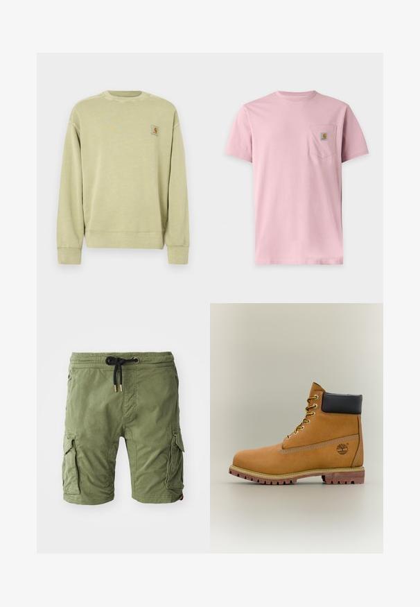 Hellgrüner Pullover mit klassischem Rundhalsausschnitt, gerippten Bündchen und einem kleinen rechteckigen Logo-Patch auf der linken Brust. Weicher, strukturierter Stoff.; Schlichtes rosa T-Shirt mit kurzen Ärmeln und einer Brusttasche mit kleinem rechteckigem Carhartt-Logo.; Olivegrüne Baumwoll-Cargo-Shorts mit seitlichen Taschen, einem Kordelzugbund mit goldfarbenen Beschlägen und einer weichen, strukturierten Oberfläche.; Brauner Leder-Stiefelette mit schwarzem Kragen, gelben Schnürsenkeln und hellbrauner Sohle. Verfügt über ein Logo und weiße Ziernähe. Robuste Profilsohle.