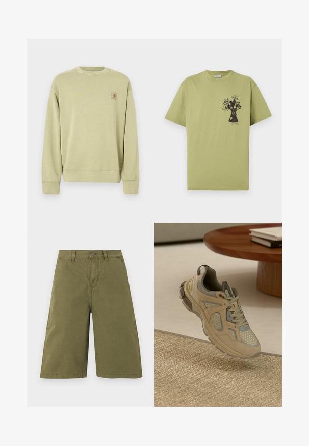 Lysegrøn sweatshirt med klassisk rund halsudskæring, ribstrikkede manchetter og en lille rektangulær logopatch på venstre bryst. Blødt, tekstureret stof.; Lysegrøn T-shirt med korte ærmer og et sort abstrakt blommetræsgrafik på venstre brystområde samt lille tekst under designet.; Olivengrønne knælange shorts med bæltestropper, forreste knap, lynlås og sidelommer, vist på hvid baggrund.; Beige og grå atletiske sneakers med mesh- og ruskindsdetaljer, svævende over et vævet tæppe ved siden af et trækaffebord med bøger.