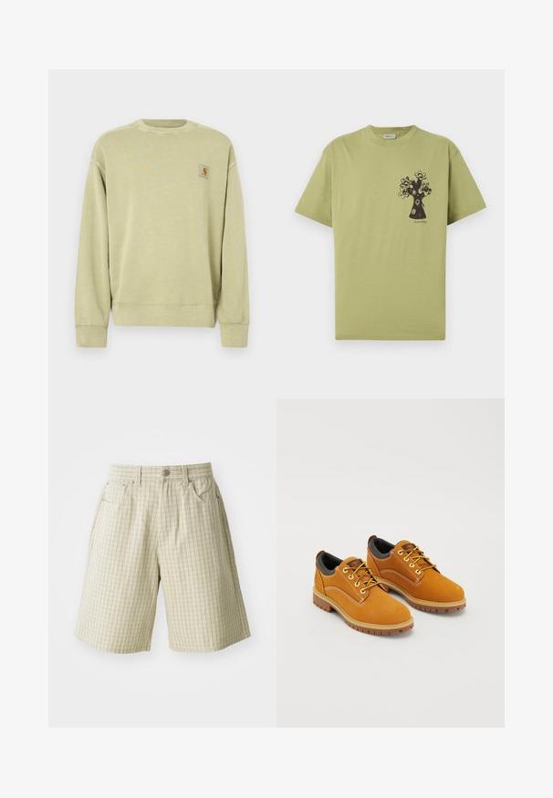Lichtgroene sweatshirt met een klassieke ronde hals, geribbelde manchetten en een klein rechthoekig logoplaatje op de linkerborst. Zachte, gestructureerde stof.; Lichtgroen T-shirt met korte mouwen en een zwarte abstracte bloemboomgrafiek op het linkerborstgebied, met kleine tekst onder het ontwerp.; Beige geruite shorts van lichtgewicht stof, met twee zijzakken, een knoopsluiting en een ontspannen pasvorm.; Bruine suède schoenen met een ronde neus, gele veters, een gewatteerde zwarte kraag en rubberen zolen met gripgroeven.