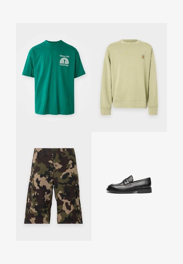 Sudadera verde claro con cuello redondo clásico, puños acanalados y un pequeño parche de logo rectangular en el pecho izquierdo. Tejido suave y texturizado.; Camiseta de algodón verde con escote redondo. Presenta un estampado gráfico en blanco que dice "Ellesse 1959 Club di Corsa" en el lado izquierdo del pecho.; Pantalones cortos cargo para hombre hasta la rodilla con patrón de camuflaje en verde, marrón y beige, que cuentan con múltiples bolsillos y cierre de botones.; Mocasines de cuero negro presentan una puntera redondeada, una costura cosida en la parte superior y una suela de goma baja y plana. Textura suave sin patrones visibles.