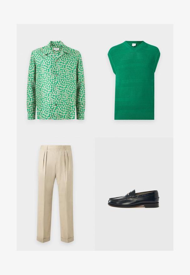 Gilet vert en tricot sans manches avec des motifs horizontaux texturés et un col en V côtelé ainsi qu'un ourlet côtelé.; Chemise verte à manches longues avec boutons, imprimé de marguerites blanches et jaunes, col évasé et étiquette de marque visible au niveau de l'encolure.; Pantalon beige sur mesure avec plis sur le devant, jambes fuselées, ourlets avec revers et passants pour ceinture, présenté sur un fond blanc.; Mocassins en cuir bleu marine avec un bout mocassin, des coutures décoratives, un petit talon et un détail rayé contrastant sur la empeigne. Texture lisse.