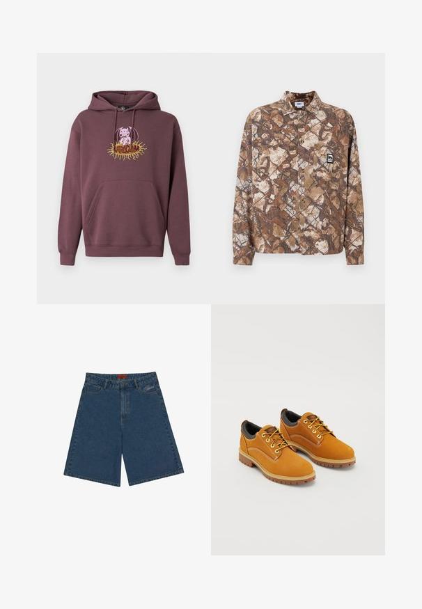 Bordeauxroter Hoodie mit einer Fronttasche, zeigt eine farbenfrohe bedruckte Grafik eines Charakters und den Text "Volcom." Hergestellt aus weichem Stoff.; Camouflage-musterhemd in Braun und Beige, mit einer Brusttasche und einem gestickten Logoetikett auf der linken Seite.; Dunkelblaue Jeansshorts mit mittelhohem Bund, Druckknopfverschluss, Fronttaschen und gesticktem Logo auf der linken Seite.; Braune Wildlederschuhe mit einer runden Zehenpartie, gelben Schnürsenkeln, einem gepolsterten schwarzen Kragen und Gummisohlen mit Rillen für besseren Halt.