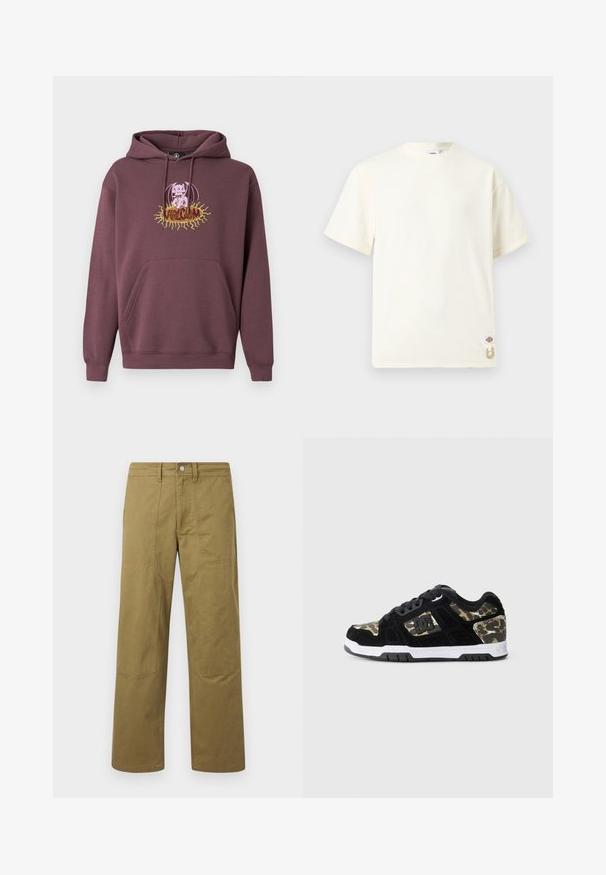 Sudadera con capucha color granate con un bolsillo frontal, presenta un gráfico impreso colorido de un personaje y el texto "Volcom". Hecha de tela suave.; Camiseta de algodón de manga corta en color blanco roto, con cuello redondo, pequeña etiqueta con logo y detalle de cordón beige cerca del dobladillo inferior.; Pantalones de corte recto en color caqui con detalles visibles en las costuras, trabillas para cinturón, cierre frontal con botón y paneles tipo parche en las rodillas.; Zapatilla de ante negra con patrón de camuflaje en el lateral, media suela blanca y suela exterior de goma negra. Presenta cordones y detalle del logo en el lateral.