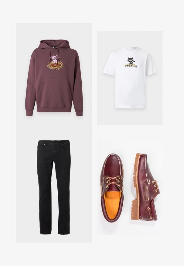 Sweat à capuche bordeaux avec une poche avant, présentant un graphisme coloré imprimé d'un personnage et le texte "Volcom". Confectionné en tissu doux.; T-shirt blanc à manches courtes avec un graphisme centré représentant un diable dessin-animé noir sur un skateboard au-dessus du texte "volcom" en beige et noir.; Jean noir slim à fermeture avant à boutons et zip, design cinq poches, coupe droite.; Chaussures en cuir bourgogne avec semelles en caoutchouc marron, bout rond, couture blanche et œillets dorés. L'intérieur présente une doublure jaune.