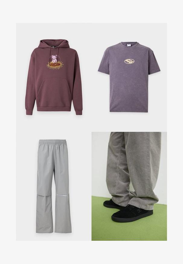 Bordeauxrød hættetrøje med frontlomme, der har en farverig trykt grafik af en figur og teksten "Volcom." Fremstillet af blødt stof.; Lilla T-shirt med korte ærmer med lille beige oval logo og puma-silhuet centreret på brystet.; Lysegrå vandtætte regnbukser med elastisk talje og refleksstribe på højre ben, designet til udendørs brug.; Sorte ruskind skate sko med en struktureret finish og et logo, parret med grå cordurypants med en ribbet tekstur. Grøn gulvoverflade.