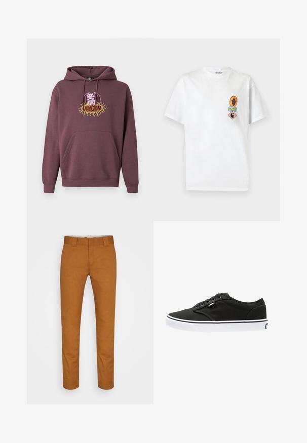 Sudadera con capucha color granate con un bolsillo frontal, presenta un gráfico impreso colorido de un personaje y el texto "Volcom". Hecha de tela suave.; Camiseta blanca de manga corta con pequeños parches gráficos coloridos en el pecho izquierdo, que incluyen uvas, texto y un logotipo estilizado en forma de "C".; Pantalones de algodón marrones con corte recto, bolsillos frontales y una textura limpia y suave. Presentan trabillas para cinturón y detalles de costura discretos.; Zapatillas de lona negras con suelas de goma blancas, punta redondeada, cinco ojales, branding mínimo y costuras en blanco y negro.