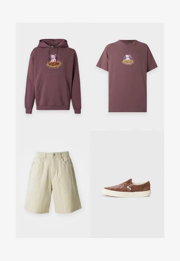 Sweat à capuche bordeaux avec une poche avant, présentant un graphisme coloré imprimé d'un personnage et le texte "Volcom". Confectionné en tissu doux.; T-shirt à manches courtes mauve foncé avec un personnage de chauve-souris dessin animé blanc assis sur une forme de soleil jaune avec le texte "Volcom" au centre.; Shorts à carreaux beiges en tissu léger, dotés de deux poches latérales, d'une fermeture à bouton et d'un design décontracté.; Vans CLASSIC SLIP ON UNISEX - Baskets basses - potting soil/marshmallow