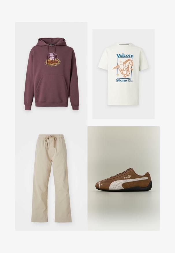 Sudadera con capucha color granate con un bolsillo frontal, presenta un gráfico impreso colorido de un personaje y el texto "Volcom". Hecha de tela suave.; Camiseta blanca de algodón con un gráfico de un caballo galopando, texto azul "Volcom" y estrellas naranjas dentro de un contorno rectangular.; Pantalones de algodón beige con cintura elástica y cordón ajustable. Diseño de pierna recta, textura suave y sin patrones o acentos visibles.; Zapatilla de ante marrón con detalles en blanco y diseño texturizado. Cuenta con una suela de goma negra y un prominente logo de Puma en el lateral.