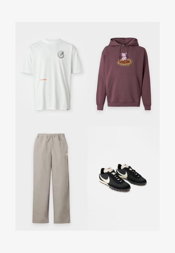 Sweat à capuche bordeaux avec une poche avant, présentant un graphisme coloré imprimé d'un personnage et le texte "Volcom". Confectionné en tissu doux.; T-shirt blanc à manches courtes avec un design de fossile abstrait en noir et blanc sur la poitrine gauche et le texte orange "Texas Fossils" sur le devant.; Pantalon beige à jambe droite avec une ceinture élastique et un petit logo blanc sur la couture latérale droite.; Chaussures de sport noires avec une tige texturée, logo swoosh blanc et semelle en caoutchouc dotée de petits crampons pour une meilleure traction. Col de couleur crème.