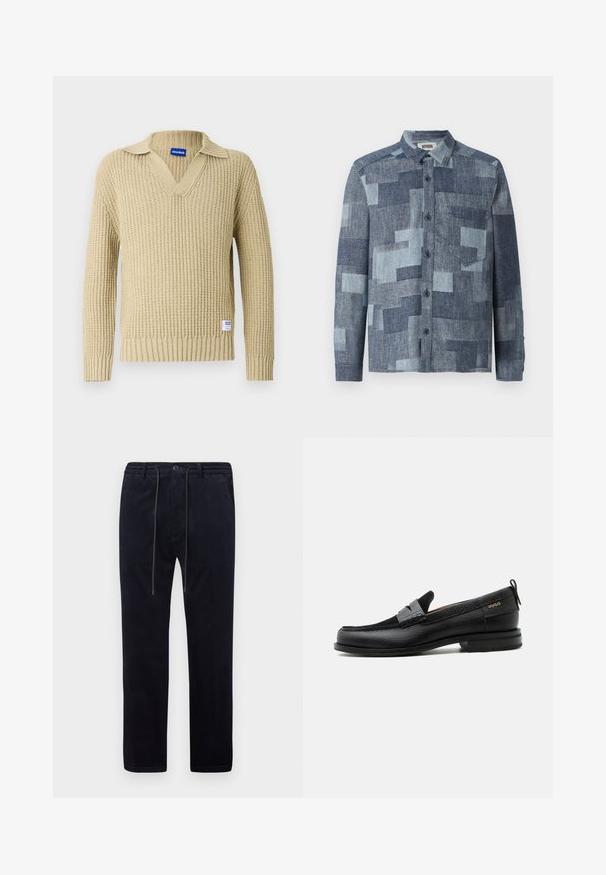 Pull beige en maille avec un col en V et une texture côtelée. Dispose d'un col replié. Comprend une petite étiquette de marque en bas à gauche.; DRYKORN DIEGGO - Chemise - blue; Pantalons en velours côtelé bleu marine avec une surface texturée, jambes droites, taille élastique, cordon de serrage et poches avant.; Mocassin en cuir noir avec détail de bride grise, talon bas et semelle texturée, marqué "HUGO" en or sur le côté.