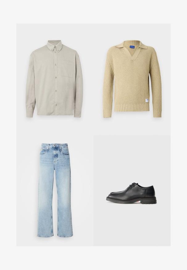Beige strikket sweater med V-hals og ribbet tekstur. Har en foldet krave. Inkluderer et lille mærke med brand på nederste venstre side.; Lysegrå langærmet skjorte med knapper, lavet af blødt stof. Har en button-down krave, en frontal lomme og en afslappet pasform.; Lysblå vide jeans med høj talje, der har en falmet finish, bæltestropper og klassisk fem-lomme design. Kantene er rå.; Sorte lædersko med glat tekstur, rund tå og lav, præget syning. Tykk gummisål med let hæl og skridsikker mønster.