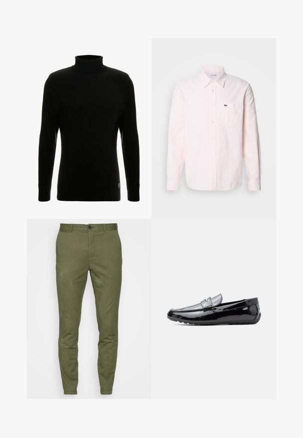 Pull à col roulé noir avec des manches longues, texture côtelée, silhouette ajustée et petite étiquette de marque en bas à gauche.; Chemise à rayures rose clair, à manches longues, avec col, poche poitrine et logo Lacoste vert sur le côté gauche de la poitrine.; Chinos vert olive à coupe slim, avec une fermeture à bouton sur le devant, des passants de ceinture et une texture de tissu lisse et de poids moyen.; Mocassin en cuir verni noir avec talon bas, design sans lacets et bride décorative sur le dessus, présenté en profil latéral sur fond blanc.