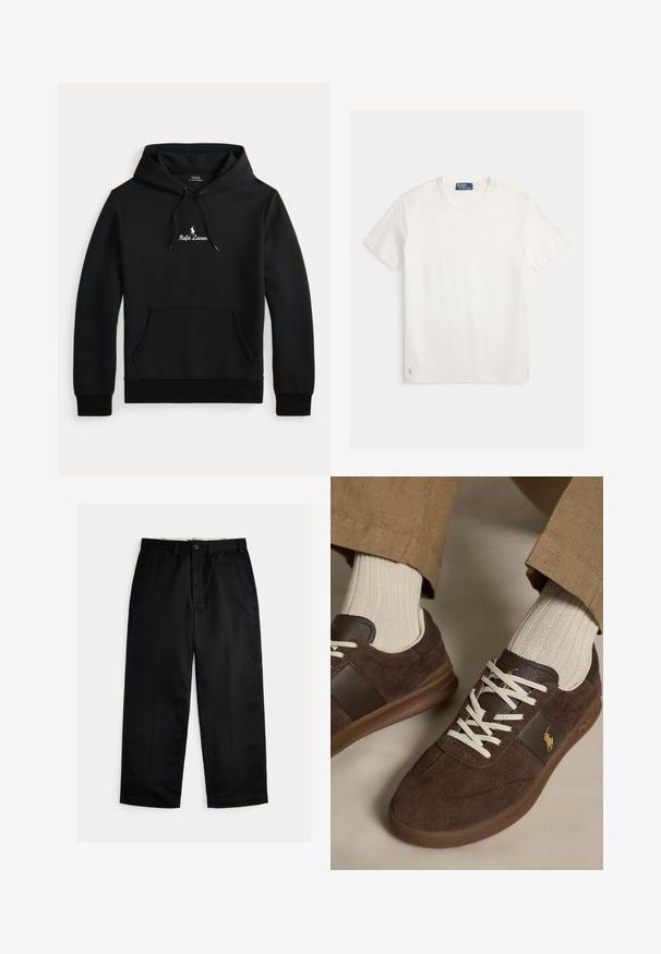 Schwarzer Ralph Lauren Hoodie mit vorderer Kängurutasche, Kordelzugkapuze und weißem gesticktem Logo sowie Text auf der Brust.; Weißes T-Shirt mit kurzen Ärmeln und Rundhalsausschnitt, mit Polo Ralph Lauren-Label am Halsausschnitt und kleinem besticktem Logo am unteren Saum.; Schwarze Chinos mit geradem Bein, ausgestattet mit Knopfverschluss, Gürtelschlaufen und glatter Stoffstruktur. Keine sichtbaren Muster oder Akzente.; Braune Veloursleder-Sneaker mit weißen Schnürsenkeln, getragen mit beigen gerippten Socken und hellbraunen Hosen.