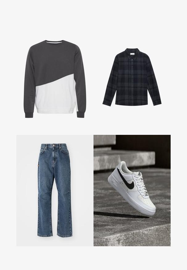 Grå og hvid crew-neck sweatshirt med et diagonalt farveblokdesign. Tekstureret stof, lange ærmer, ribstrikkede manchetter og kant.; Sort og grå plaid skjorte lavet af flannel, med knaplukning foran, lange ærmer og en klassisk kravedesign.; Blå denim jeans med høj talje, lige ben-design og forlommer. Har kontrastsyninger og skjult lukning med knap.; Hvid Nike Air Force 1-sneaker med sort swoosh, snørebånd bundet, placeret i luften over tekstureret betonoverflade udendørs.