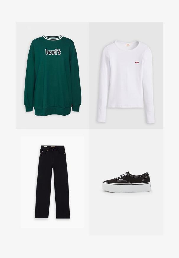 Sweatshirt vert à manches longues, avec un col rond côtelé en blanc et noir. Logo "levi's" brodé sur la poitrine. Tissu doux et texturé.; Chemise Levi's blanche à manches longues avec col rond et petit logo rouge Levi's sur la poitrine gauche, présentée sur un fond uni.; Jean en denim noir avec une coupe droite, cinq poches, matériel en cuivre et texture lisse. Deux étiquettes visibles sur la taille.; Baskets en toile noires avec une semelle en caoutchouc blanc, dotées de lacets et de coutures blanches, marquage emblématique sur le côté, design basse.
