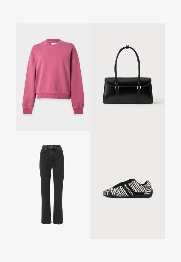 Pinkes Sweatshirt mit Rundhalsausschnitt und langen Ärmeln, mit gerippten Bündchen und Saum, vor einem schlichten hellgrauen Hintergrund dargestellt.; Hochgeschnittene schwarze Jeans aus Denim mit geradem Bein, fünf Taschen, Metallknopfverschluss und subtiler Verwaschung.; Schwarz-weißer Sneaker mit Schnürung, Zebramuster und texturierter schwarzer Sohle auf einem einfarbigen hellen Hintergrund.; Schwarze, rechteckige Lederhandtasche mit Klappverschluss und zwei langen Griffen vor weißem Hintergrund.