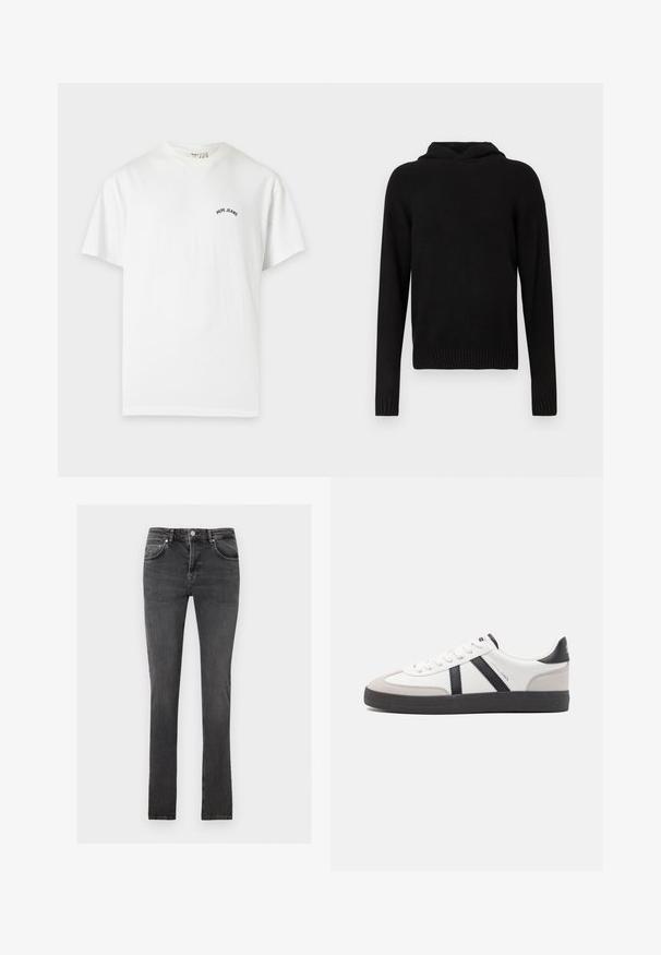 Haut de sweat à capuche noir en tissu doux. Il possède une coupe décontractée, des manches longues, des poignets côtelés et un design simple de couleur unie.; T-shirt blanc à manches courtes col rond avec petit texte noir "Pepe Jeans" sur la poitrine gauche.; Jean slim homme gris foncé avec cinq poches et une fermeture à boutons, présenté à plat sur un fond clair.; Baskets blanches avec des accents noirs et gris, présentant un embout texturé gris, une semelle en caoutchouc noir et des lacets plats blancs. Design épuré, style minimaliste.