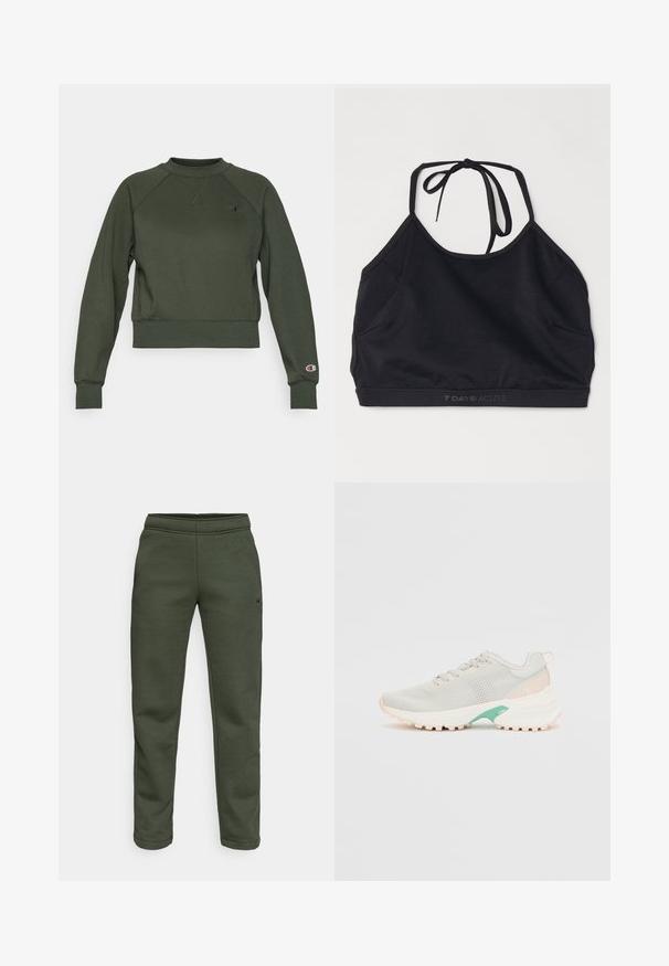 Dunkelgrüner, cropped Sweatshirt aus Baumwoll-Mischung; mit geripptem Kragen, Bündchen und Saum; Logoschild auf der linken Brust und dem rechten Ärmel.; Schwarzes sportliches Crop-Top aus dehnbarem Stoff. Verfügt über ein Bindeband-Design, einen Rundhalsausschnitt und ein dezentes Logo am Saum.; Dunkelolivgrüne Jogginghose aus weichem Material, mit einem elastischen Bund und einem kleinen Logo-Detail an der Seite.; Hellgrauer athletischer Schuh mit Obermaterial aus Mesh, cremer Gummisohle, türkisfarbenen Akzenten und strukturierten Details. Verfügt über eine runde Zehenpartie und ein schnürbares Design.