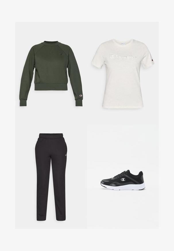 Sudadera corta de color verde oscuro hecha de una mezcla de algodón; cuenta con cuello, puños y dobladillo acanalados; parche con el logo en el lado izquierdo del pecho y en la manga derecha.; Camiseta blanca de algodón con mangas cortas, cuello redondo y logotipo "Champion" bordado en una textura contrastante en la parte delantera.; Pantalones deportivos negros hechos de una tela suave, con una cintura elástica, piernas rectas y un pequeño logo en el costado.; Zapatillas deportivas negras con parte superior de malla, suela de goma blanca y logo en tono en el lado. Con cordones y un collar acolchado para mayor soporte.