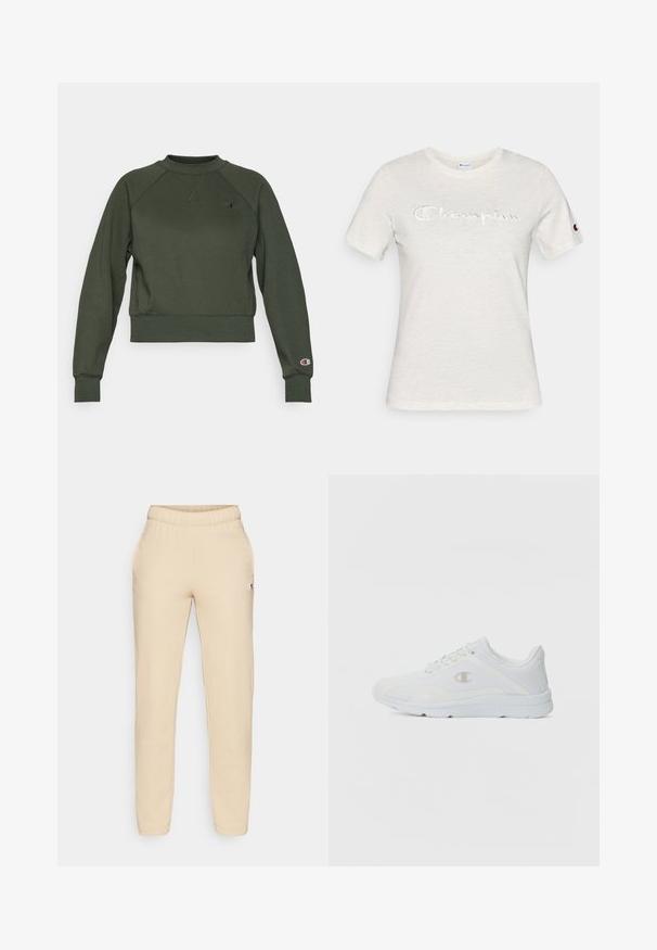 Dunkelgrüner, cropped Sweatshirt aus Baumwoll-Mischung; mit geripptem Kragen, Bündchen und Saum; Logoschild auf der linken Brust und dem rechten Ärmel.; Weißes Baumwoll-T-Shirt mit kurzen Ärmeln, Rundhalsausschnitt und auf der Vorderseite eingesticktem "Champion"-Logo in kontrastierender Textur.; Beige Baumwoll-Jogginghose mit elastischem Bund, seitlichen Taschen und einem kleinen Logo-Patch am linken Bein. Glatte Textur und schmal geschnitten.; Weiße Sportschuhe mit einem strukturierten Mesh-Obermaterial, gepolstertem Schaft und kontrastierendem Logo an der Seite. Verfügt über eine leichte Gummisohle.