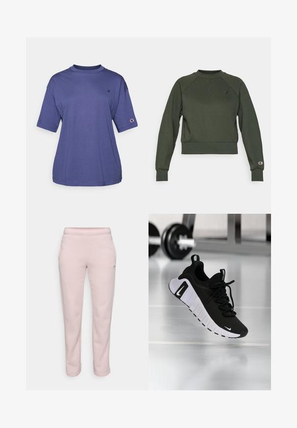 Sudadera corta de color verde oscuro hecha de una mezcla de algodón; cuenta con cuello, puños y dobladillo acanalados; parche con el logo en el lado izquierdo del pecho y en la manga derecha.; Camiseta de algodón morada de cuello redondo y manga corta, que presenta un pequeño logo en el pecho y un parche del logo en la manga.; Pantalones de chándal rosa claro hechos de una tela suave, con un corte holgado, cintura elástica y bolsillos laterales. Sin patrones visibles ni piezas metálicas.; Zapatilla deportiva negra con parte superior de tela texturizada, suela blanca y sistema de cordones prominente. Presenta un logo de Nike y un diseño suave y acolchado.