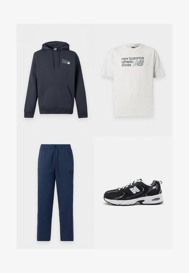 Tmavomodrá mikina s kapucňou s predným vreckom, šnúrkami a bielym logom "New Balance Athletics" na ľavej strane hrudníka.; Svetlosivé tričko s krátkym rukávom s nápisom "new balance athletic shoes" a štýlovým logom "NB" v tmavosivej farbe na hrudi.; Námornícke modré teplákové nohavice vyrobené z mäkkej zmesi bavlny, s elastickým pásom na šnúrku a malou značkovou nášivkou na bedrách.; Čierne a šedé športové topánky s hornou časťou z mikrovlákna a zamatu, s bielou medzipodrážkou, šnúrkami a výrazným logom "N" na boku.