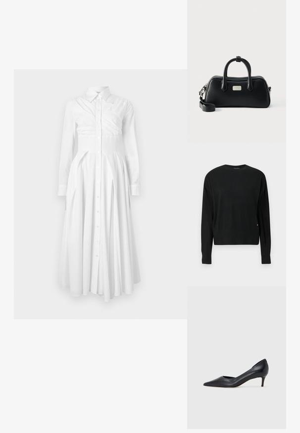 Suéter negro de punto con mangas largas, cuello redondo, bajo y puños de canalé, con un detalle sutil de marca en dorado en el lateral inferior.; Vestido de camisa blanco de algodón con mangas largas, frente de botones, falda plisada y cintura ajustada. Presenta un diseño estructurado y una textura suave.; Zapato de tacón bajo de cuero negro con punta puntiaguda. Presenta una textura lisa y un brillo sutil. Corte abierto en la parte frontal para un detalle adicional.; Bolso rectangular negro de cuero con dos asas, correa de hombro desmontable y pequeña placa con el logo de la marca en plata en el frente.
