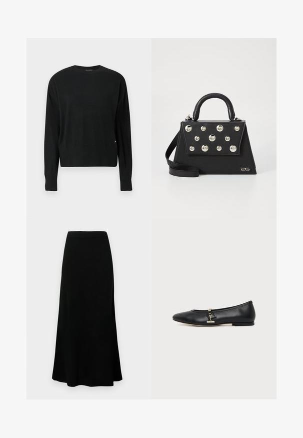 Suéter negro de punto con mangas largas, cuello redondo, bajo y puños de canalé, con un detalle sutil de marca en dorado en el lateral inferior.; Falda midi negra con cintura ajustada, dobladillo acampanado, textura suave y sin patrones ni acentos visibles.; Bailarina negra de cuero con un pequeño detalle de metal dorado en forma de fermín de caballo en el lateral y suela plana.; Bolso de mano negro con forma estructurada, que cuenta con un asa superior, una correa para el hombro y remaches metálicos decorativos en la parte frontal.