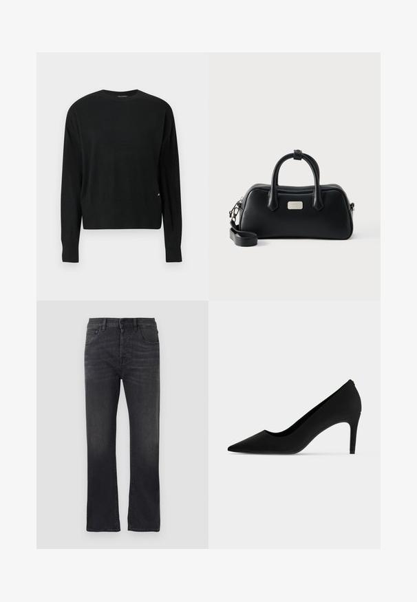 Schwarzer Strickpullover mit langen Ärmeln, Rundhalsausschnitt, geripptem Saum und Bündchen, mit einem dezenten goldfarbenen Markenakzent an der unteren Seite.; Schwarze Jeans aus Denim mit geradem Bein, klassischem Fünf-Taschen-Design, Knopfverschluss und dezentem Ausbleichen des Stoffes.; Schwarzer High-Heel-Schuh mit spitzer Spitze, schlankem Absatz und matter, glatter Oberfläche, seitlich auf weißem Hintergrund gezeigt.; Schwarze rechteckige Ledertasche mit zwei Griffen, abnehmbarem Schulterriemen und kleiner silberner Markenlogo-Plakette vorne.