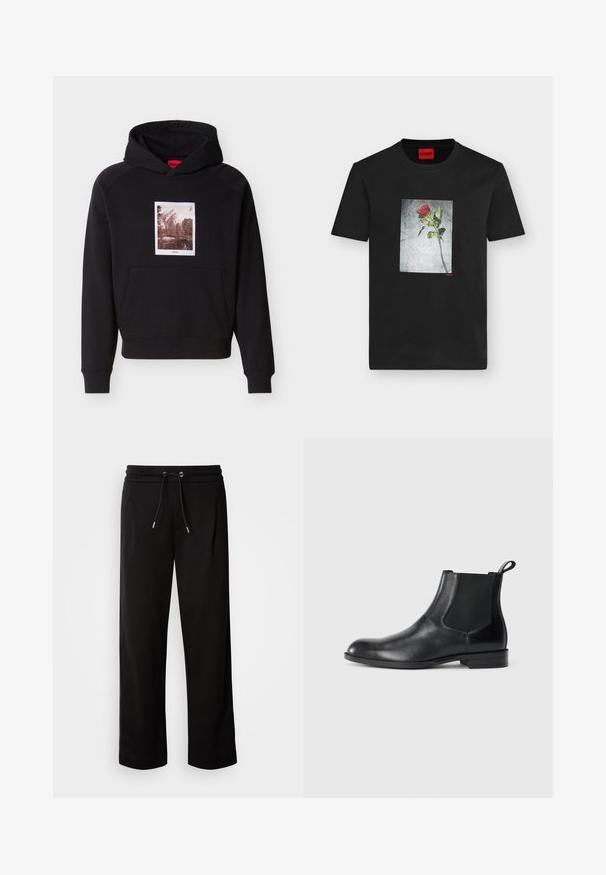 Sudadera negra con capucha, bolsillo frontal tipo canguro y un gráfico en sepia de montaña y árboles centrado sobre el bolsillo, con texto rojo "HUGO".; Camiseta negra de manga corta con un gráfico centrado de una sola rosa roja sobre un fondo gris texturizado y un pequeño logo rojo "HUGO".; Pantalones de chándal negros, de corte holgado, confeccionados en tejido suave, con cinturilla elástica y cordón de ajuste, y bolsillos laterales.; Botín negro de cuero hasta el tobillo con paneles elásticos a los lados, punta redondeada y lengüeta. Textura suave, suela plana, diseño minimalista.