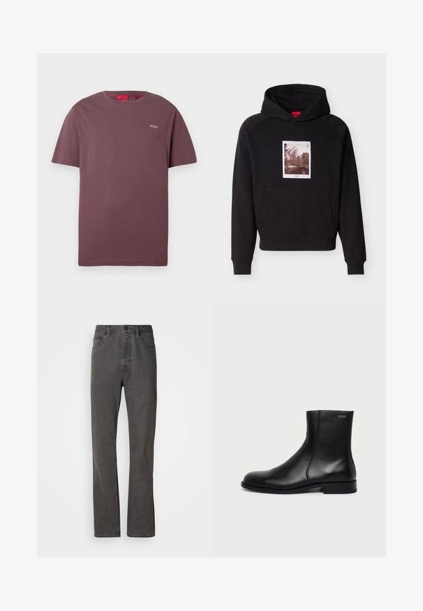 Sweatshirt noir à capuche avec poche avant en forme de sac et un graphique sépia de montagne et d'arbres centré au-dessus de la poche, avec le texte rouge "HUGO".; T-shirt bordeaux à manches courtes avec petit logo « HUGO » sur la poitrine à gauche et étiquette intérieure rouge au col.; Jeans en denim gris avec une coupe droite, dotés de poches avant, d'une fermeture à bouton et d'une texture subtile.; Bottine en cuir noir à talon bas, couture latérale et petit logo "HUGO" sur le revers supérieur sur un fond uni.