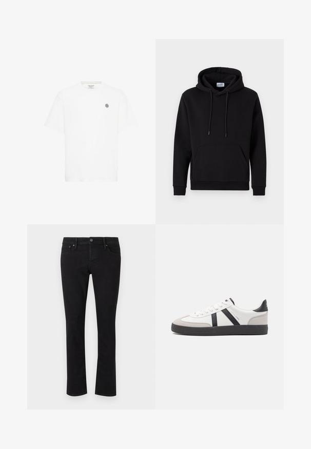 Schwarzer Hoodie aus einem Baumwollgemisch, mit einer Fronttasche, Kapuze mit Kordelzug und gerippten Bündchen. Einfaches und lässiges Design.; Weißes Kurzarm-T-Shirt mit Rundhalsausschnitt und einem kleinen grauen geometrischen Logo auf der linken Brust. Hergestellt aus weichem Baumwollmaterial.; Schwarze Jeans aus Denim mit geradem Schnitt, Fünf-Taschen-Design, Metallknopfverschluss und minimaler Stickereidetails. Durchgehend glatte Textur.; Weiße Sneaker mit schwarz- und grau-aczenten, ausgestattet mit einer strukturierten grauen Zehenkappe, schwarzer Gummi-Sohle und flachen weißen Schnürsenkeln. Sauberes Design, minimalistische Stil.