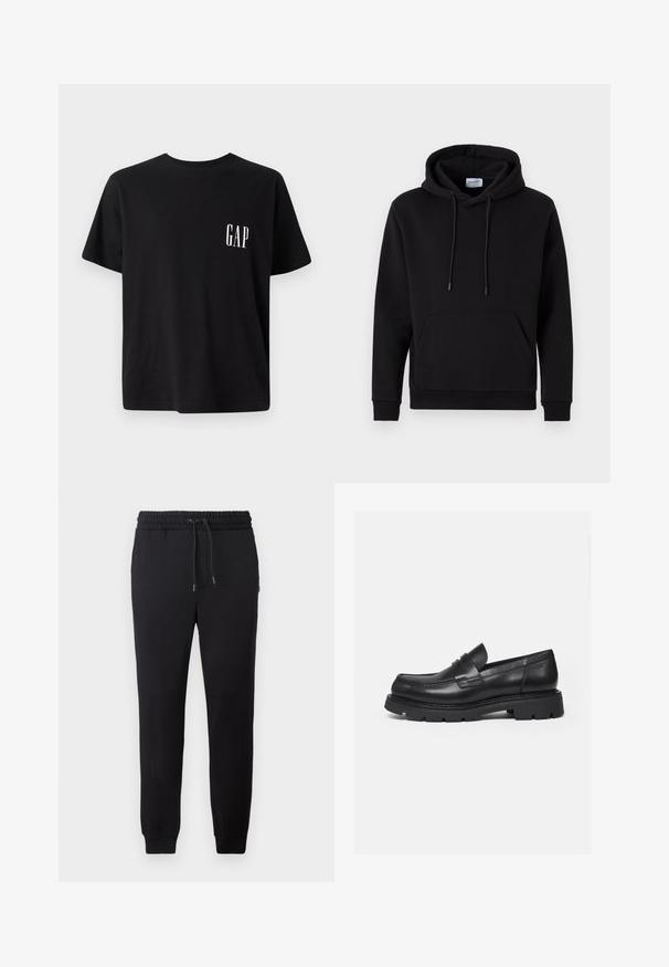 Sort hættetrøje lavet af bomuldsrigt stof, med en forlommek, snoretræk i hætten og ribbede manchetter. Enkel og afslappet design.; Sort bomulds t-shirt med rund hals, korte ærmer og et lille hvidt "GAP" logo på venstre brystområde. Casual pasform med en glat tekstur.; Sorte joggerbukser med elastisk talje og snøre, tætsiddende manchetter og blødt tekstil. Enkel, minimalistisk design uden mønstre eller udsmykninger.; Sort læderloafer med tyk rillede sål og penny-remdetalje, vist i højre sideprofil på hvid baggrund.