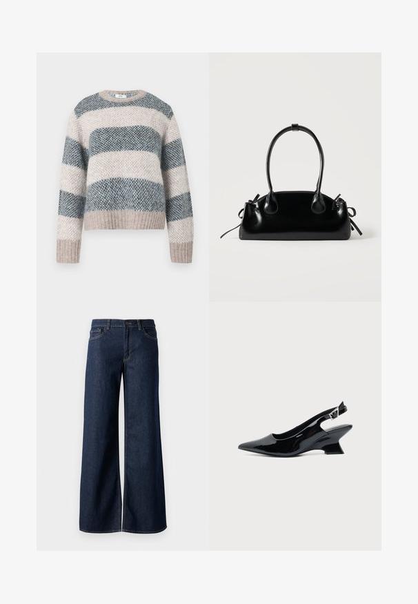 Overdimensioneret striped sweater i beige, blå og grå. Strikket tekstur med ribbede kanter og manchetter. Rund halsudskæring. Hygge design.; Bredde ben jeans i mørkeblå denim. Har kontrastsyninger, fem lommer og en knaplukning i taljen. Glat tekstur.; Sort laklæder slingback sko med spids tå og lav vinklet blokhæl på ensartet lys baggrund.; Lille sort blank håndtaske med to lange håndtag og snøre-detaljer i siden på en ensfarvet lys baggrund.