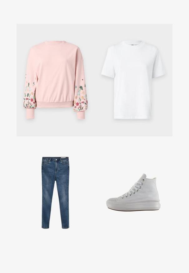 Rosa Sweatshirt mit rundem Halsausschnitt, übergroßen Ärmeln und floralen Stickereien in verschiedenen Farben auf den Ärmeln. Gerippte Bündchen und Saum.; Weißes Baumwoll-T-Shirt mit Rundhalsausschnitt, kurzärmlig und mit glatter Textur. Entworfen mit einer lockeren Passform für Komfort und Vielseitigkeit.; Dunkelblaue Denim-Skinny-Jeans mit mittlerer Taille, fünf Taschen und dezenten Abnutzungen. Verfügt über einen Knopf- und Reißverschluss.; Weißer High-Top-Canvas-Sneaker mit weißen Schnürsenkeln, metallischen Ösen, dicker Gummisohle und strukturierter Zehenkappe, nach links auf weißem Hintergrund ausgerichtet.