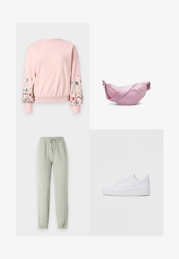 Roze sweatshirt met een ronde hals, oversized mouwen en bloemenborduursel in verschillende kleuren op de mouwen. Ribgebreide boorden en zoom.; Lichtgroene sweatpants met een elastische tailleband, verstelbare trekkoord en taps toelopende boorden. Heeft verticale naaddetails aan de voorkant.; Witte Nike Air Force 1 sneakers met een leren bovenwerk, ronde neus, vetersluiting, gewatteerde kraag en textuurrubberzool.; Roze netstructuur schoudertas met een gebogen vorm, voorzien van een soepele schouderband en een ritssluiting. De gestructureerde stof verhoogt de ademend vermogen.
