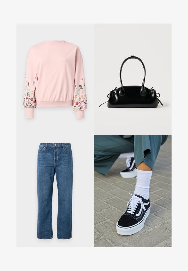 Roze sweatshirt met een ronde hals, oversized mouwen en bloemenborduursel in verschillende kleuren op de mouwen. Ribgebreide boorden en zoom.; Blauwe denim jeans met een rechte pijp en een hoge taille. Kenmerken zijn onder andere voorzakken, een knoopsluiting en subtiele stiksel details.; Zwarte suède sneaker met witte accenten en veters, uitgerust met een dikke witte zool en contrasterende stiksels, gecombineerd met een witte sok.; Kleine zwarte glanzende handtas met twee lange hengsels en zijkant trekkoord details op een effen lichte achtergrond.