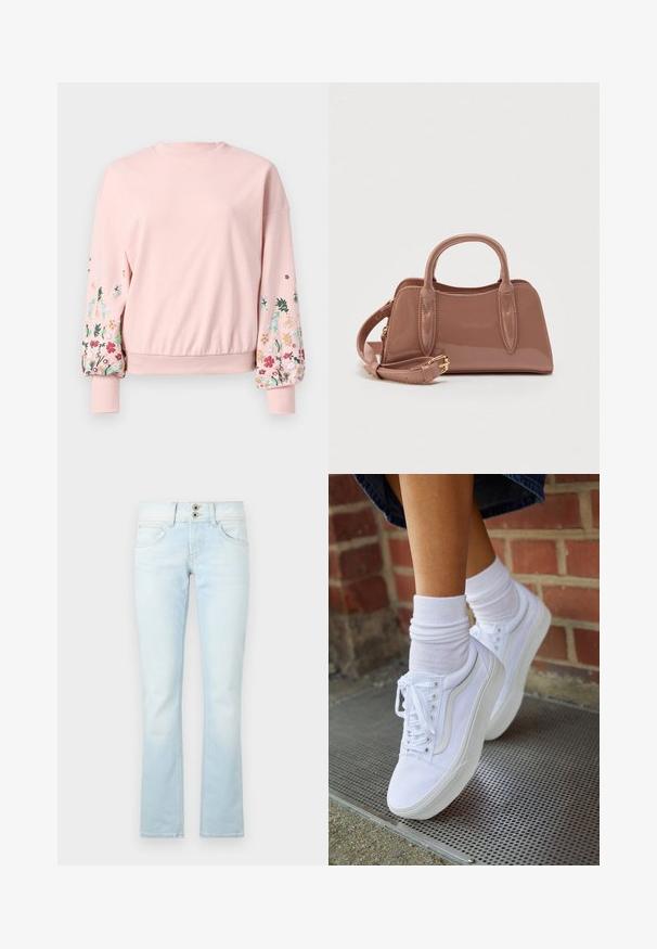 Roze sweatshirt met een ronde hals, oversized mouwen en bloemenborduursel in verschillende kleuren op de mouwen. Ribgebreide boorden en zoom.; Lichtblauwe flared jeans, gemaakt van denim, beschikken over een twee-knops sluiting, vijf zakken en subtiele vervaagde details door de stof heen.; Witte canvas sneakers met rubberen zolen, voorzien van zes vetertjes, een ronde neus en lichte stikdetails, gecombineerd met witte enkelsokken.; Glanzend rozenkleurige handtas met dubbele bovenhandvatten, een afneembare schouderriem en decoratieve stikdetails. Compacte, gestructureerde vorm.