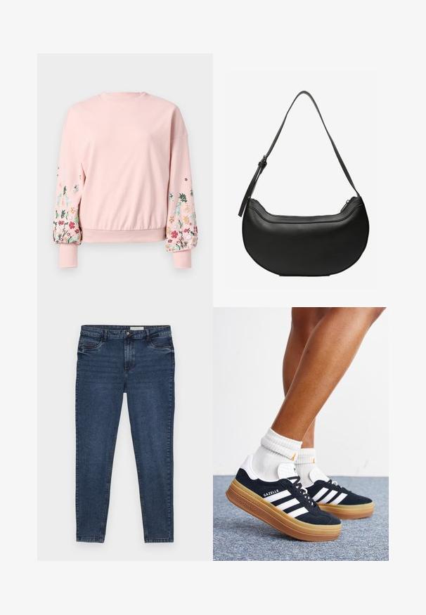 Lyserød sweatshirt med rund hals, oversized ærmer og blomstermotiver i forskellige farver på ærmerne. Ribbet manchetter og kant.; Mørkeblå denim jeans med slim fit, fem lomme-design og guld stikninger. Har en lynlås og knap lukning. Glat tekstur.; Ben iført hvide sokker og sorte Adidas Gazelle sneakers med hvide striber og tykke brune såler på et gråt tæppe.; Sort læder skuldertaske i halvmåneform med en lang justerbar rem og lynlås i toppen.