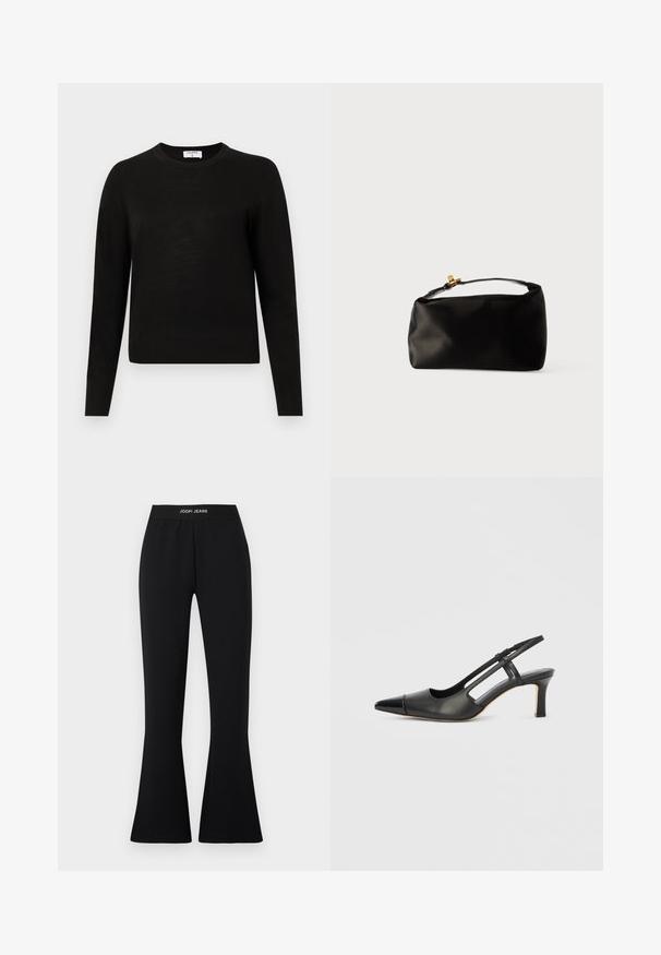Sort langærmet sweater med rund hals, lavet af blødt strikstof, med ribbet kant og manchetter for et tætsiddende look.; Sorte vide bukser lavet af strækstof med elastisk taljebånd med "JOOP! JEANS"-logo. Glat tekstur med en tætsiddende silhuet.; Sort læder slingback-sko med spids tå, der har en blank accent på tåhætten og en mellemhøj hæl. Åben sidesektion.; Sort satinpung med en afrundet form, et håndtag i toppen og en guldaccentlås. Glat tekstur med et minimalistisk design.