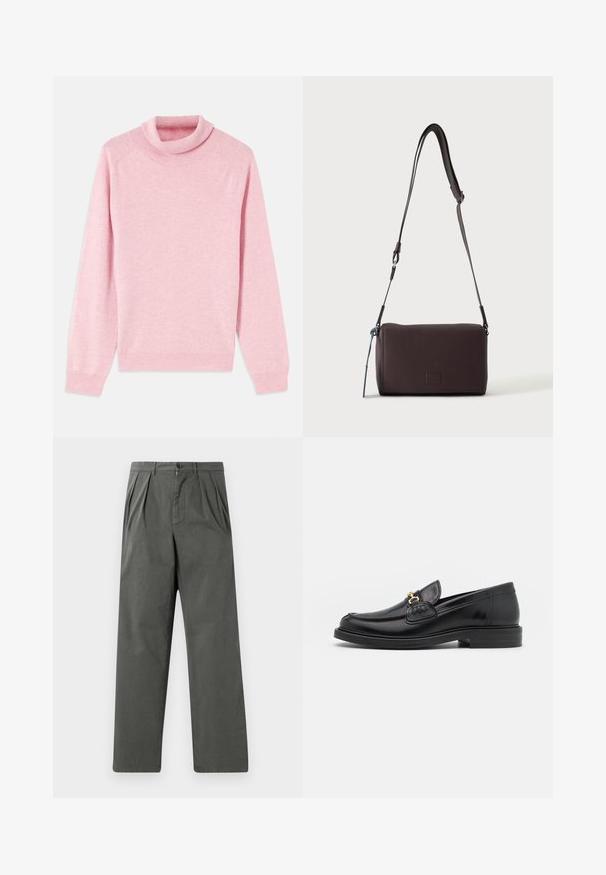 Pull en col roulé rose pâle en tissu doux, doté de manches longues, d'un col et de poignets côtelés, avec une texture simple et lisse.; Pantalons légers plissés en coton gris foncé avec une coupe droite. Comprend une fermeture à bouton à l'avant et des passants de ceinture.; Mocassins en cuir noir avec un embout rond, présentant des accents en métal doré et des détails de couture, montés sur une semelle en caoutchouc texturé et basse.; Sac bandoulière en cuir marron foncé texturé avec une sangle réglable et un petit accent décoratif bleu sur le côté.